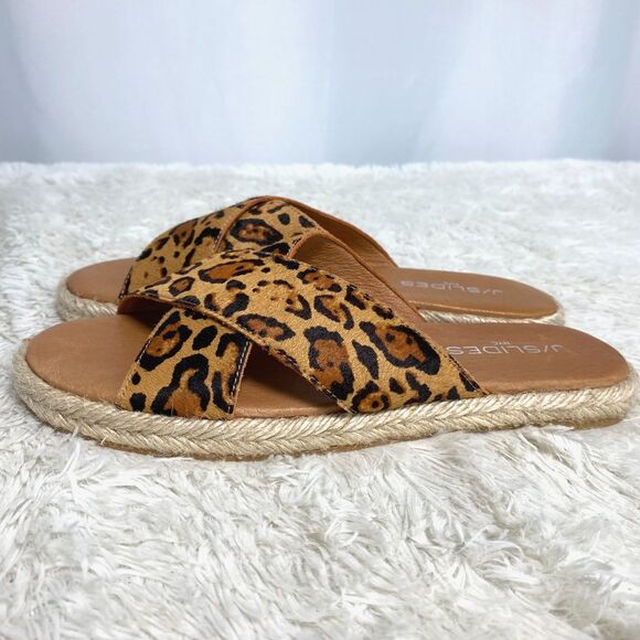 J/Slides New York Leopard Print Calf Hair Leather Cross Strap Slides Size 7 - Picture 2 of 9